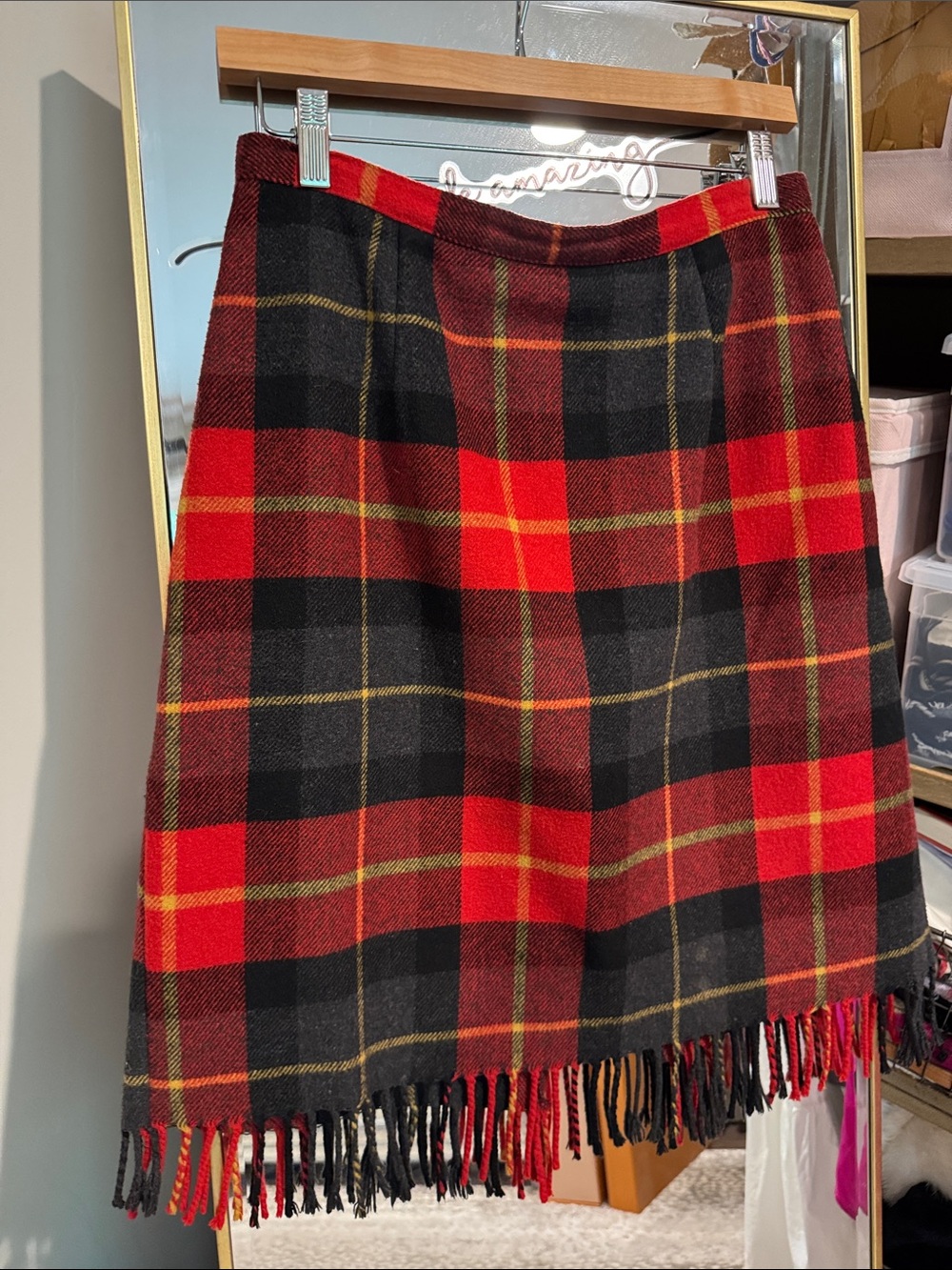 Vintage Red & Black Plaid Fringe Wool Skirt